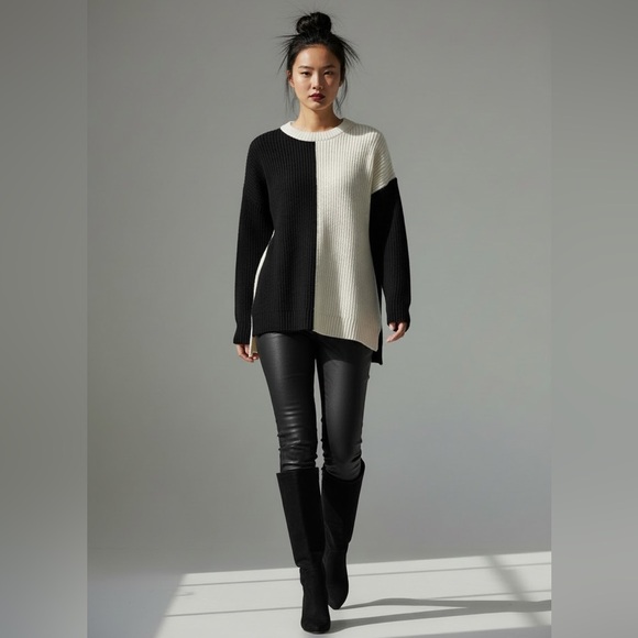 Alice + Olivia Black & Cream Colorblock Oversized Sweater | Size L - Picture 2 of 9